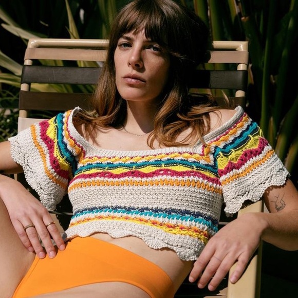 Zara Multicolor Knit Top Striped Off Shoulder Sz Small Cream - Picture 1 of 6